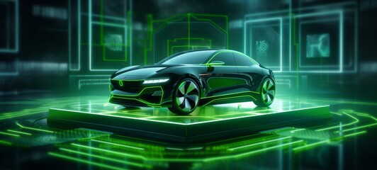 3D graphics rendering showing a fully developed electric vehicle prototype. An electric car standing on a platform with green holographic neon lighting on a dark background. Future is now.