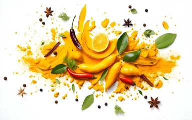 Fotobehang spices and seasoning with yellow turmeric powder splash chili and lemon isolated on white background © kittima