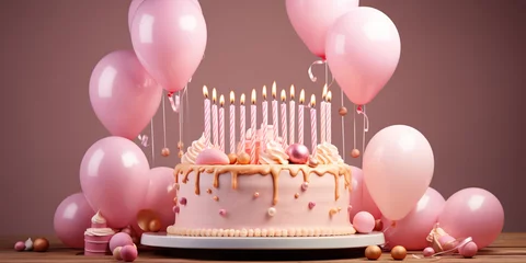 Fotobehang Birthday cake with pink candles balloons and confetti on pink background, Minimalist birthday background with cake and pink ballons, Pink Holiday Birthday Background with Cake   © HijabZohra