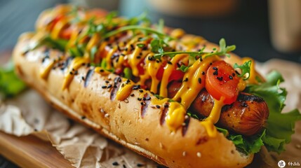 Close-up of tasty hot dog with grilled sausage, mustard and ketchup on wooden picnic table. Most...