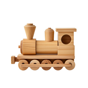 Wooden steam locomotive, toy, transparent or isolated on white background