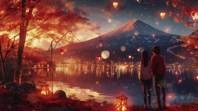 anime couple back view at the countryside and light, seeing the fuji mountain