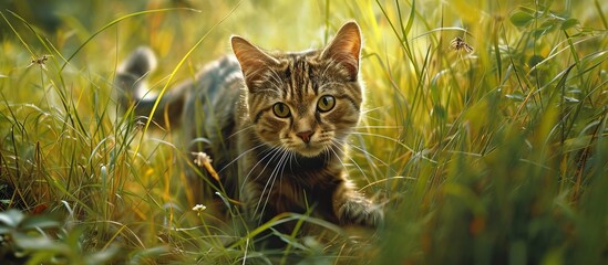 Obraz premium Captivating Cat Plays in the Lush Meadow, Mesmerizing the Meadow with its Graceful Catlike Intricacies
