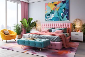 Vibrant master bedroom with an eclectic mix of colorful tone - obrazy, fototapety, plakaty