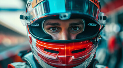 F1 racing driver thinking before his race, wearing a bright red and white helmet, focused eyes showcasing his victory