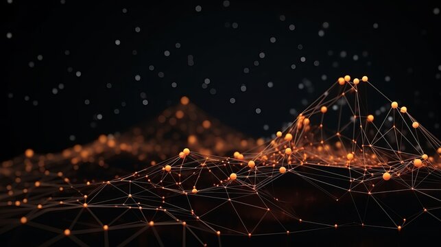 A 3d rendering of big data visualization is depicted in an abstract futuristic illustration of data technology using low poly shapes and connecting dots and lines on a dark background.
