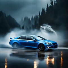 Fototapeta na wymiar car on the road ,A blue business car drifts on a wet highway, creating a splash of water and smoke. 