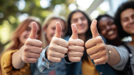 group of young diverse friends are giving a thumbs up to the camera - obrazy, fototapety, plakaty