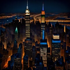 city at night,  A helicopter flies over the illuminated Midtown Manhattan at night, capturing the stunning architecture and the busy streets. The Empire State Building, the Chrysler Building, and the 