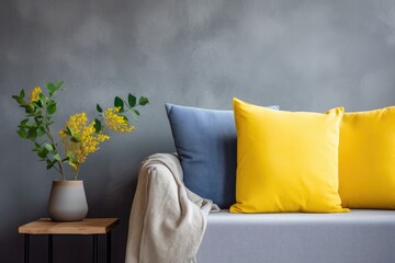 Gray Couch With Yellow and Blue Pillows