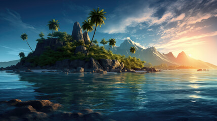wonderful dawn scenery at an island, lonely tree
