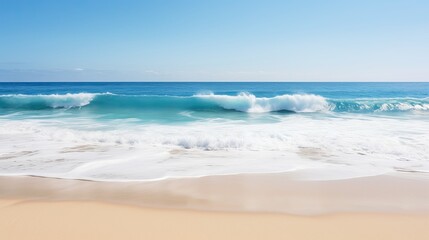 Fototapeta na wymiar A beach that is sandy and has a blue ocean.
