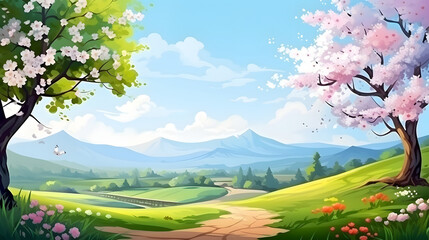 Fototapeta na wymiar Colorful painting sunny landscape two blossoming trees and a path