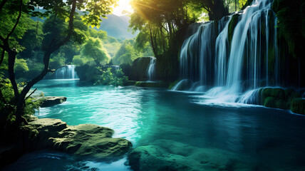 Beautiful waterfall and stream in tropical forest - beautiful natural landscape in the forest