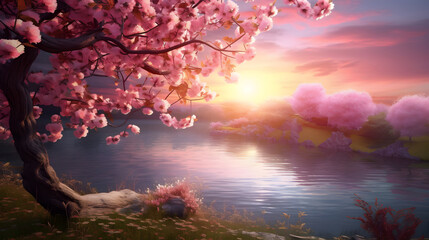 Colorful painting sunset landscape with blossoming trees and river