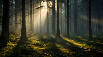 Evergreen pine forest in a fog at sunrise. Mighty trees, emerald green moss. Sunbeams, sunshine - obrazy, fototapety, plakaty