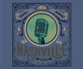 nashville music city retro vintage design, nashville typography artwork, old microphone vector illustration, western music artwork for t shirt, sticker, poster, graphic print 