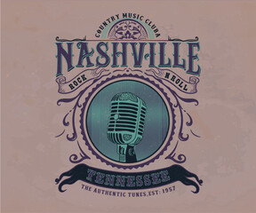 nashville tennessee music city retro vintage design, nashville typography artwork, old microphone vector illustration, western music artwork for t shirt, sticker, poster, graphic print 