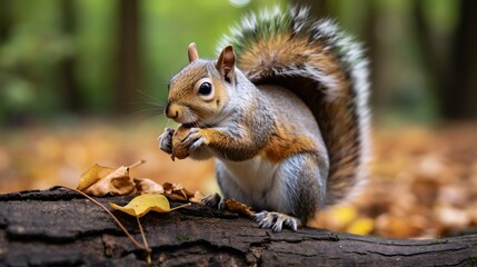 Naklejka na ściany i meble A close-up camera captures a squirrel eating its meal.