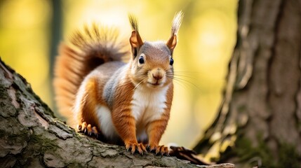 Obraz premium A close-up of a squirrel clinging to a tree trunk.