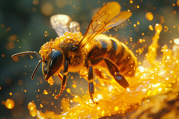 closeup of honeycomb with bee making honey.