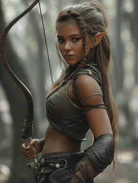 Female Forest Elf Archer with Bow Fantasy Character Portrait