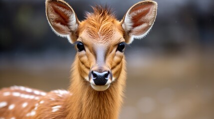 A close-up shot of a brown western sitatunga at a zoo.