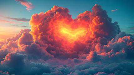 Heavenly Heart: Romantic Sunset Cloudscape in Vivid Hues - Perfect for Valentine's Travel & Love-Inspired Journeys, Ai Generated