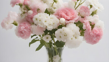 pink and white flowers in vase on white background