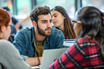 A group of male and female students sitting with the professor and discuss ideas. 