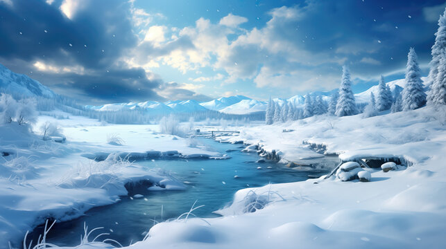 beautiful river flowing through a winter landscape