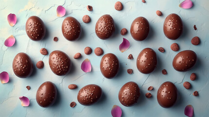 Easter chocolate eggs on a light blue background with petals. 