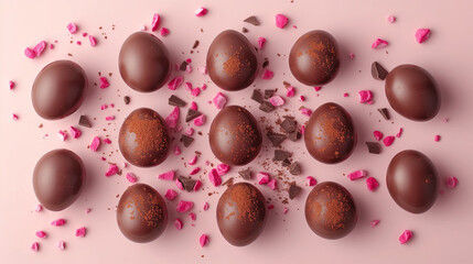 Easter chocolate eggs on a pink background with petals.