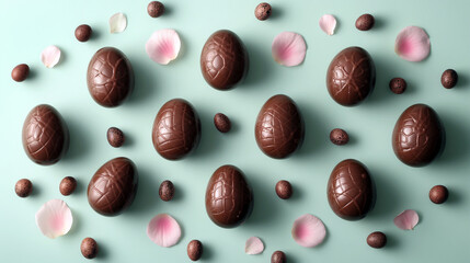 Easter chocolate eggs on a light blue background with petals. 