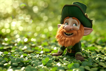 Happy Saint Patrick's Day. Cute smiling Leprechaun in a Field of Shamrocks
