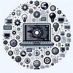 Obraz premium Modern Tech Innovation Concept: Monochrome Laptop with Gear Digital Pattern and Tech Icons for Data Processing and Machinery Integration - Futuristic and Minimalist