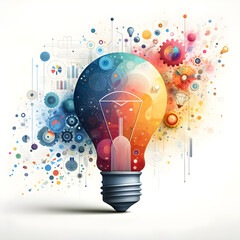 Creative Innovation Concept with Dual-Toned Light Bulb: Brainstorming and Inspiration Symbol, Realistic Filament Detail, Vivid Blue and Warm Yellow Background
