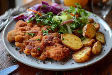 Golden crispy schnitzel served with roasted potato wedges and fresh salad