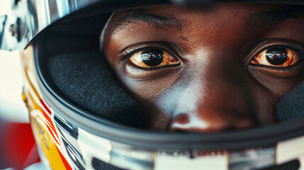 Close up portrait of black african racer wearing helmet, tiered looking eyes showcasing his restless life