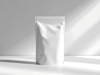 Front view of a blank 3d food packaging mockup. Suitable for food product promotion design, and sales promotion of packaging products. White room background. Created with Generative AI.