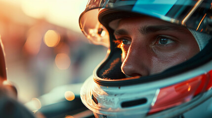 Professional racer wearing a helmet and thinking about his loss race, eyes full of sad, disappointment, and loss - obrazy, fototapety, plakaty