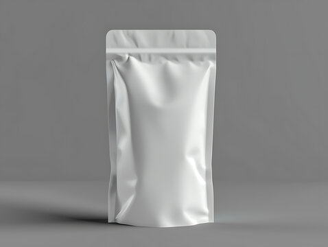 Front view of a blank 3d food packaging mockup. Suitable for food product promotion design, and sales promotion of packaging products. Grey room background. Created with Generative AI.