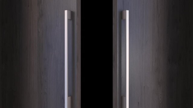 Wood design door opening to white background, alpha matte. Z Depth channel. Animation.