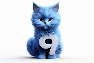 Cute blue number 9 or nine as fur shape, short hair, white background, 3D illusion, storybook style