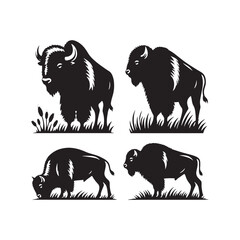 Prowess in Shadows: Bison Animal Silhouette Set Illustrating the Mighty Presence of These Magnificent Creatures - Bison Silhouette - Bison Illustration - Bison Vector
