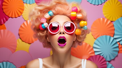 A woman wearing colorful sunglasses and looking surprised on a bright background is beautiful. - obrazy, fototapety, plakaty