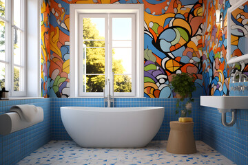 Whimsical bathroom with full color tile mosaic artwork