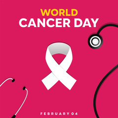 Obraz premium World Cancer Day is celebrated every year on February 4. With ribbon and stethoscope vector illustration. Banner, poster, card, social media and more.