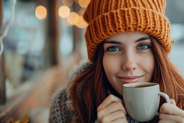 Beautiful young woman with knit hat drinks tea at cafe. 