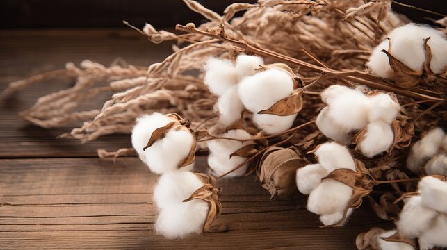 A wooden backdrop is used to create a close-up of ripe cotton seed pods on the cotton plant.